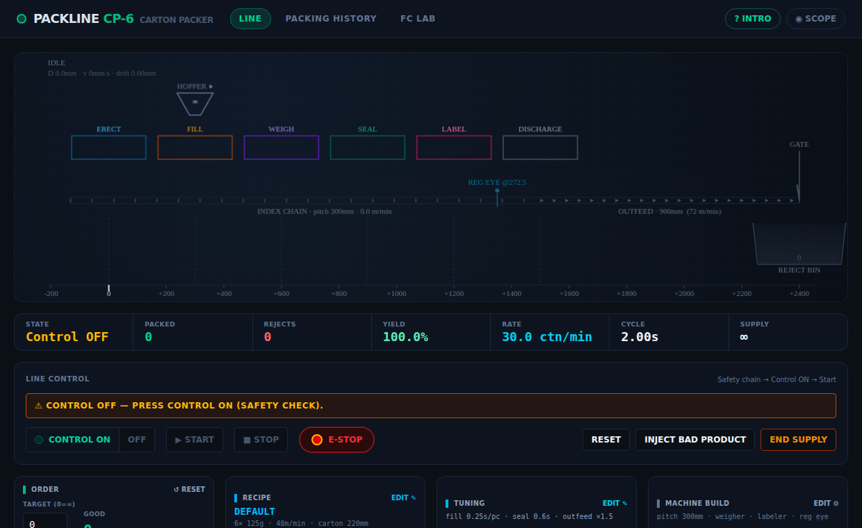 PackLine CP-6 packaging line simulator — app preview